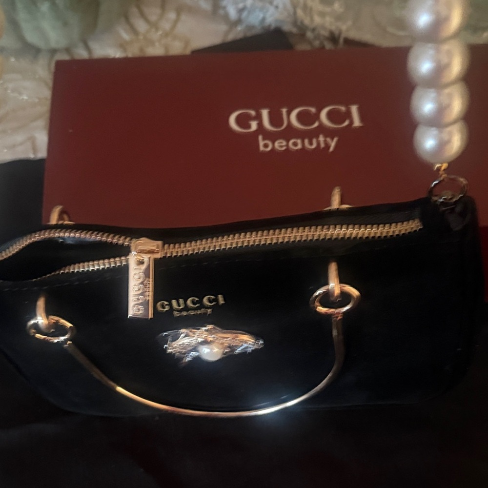 Gucci Black Velvet Clutch with Gold Handles and Pearl Wristlet - Picture 6 of 13